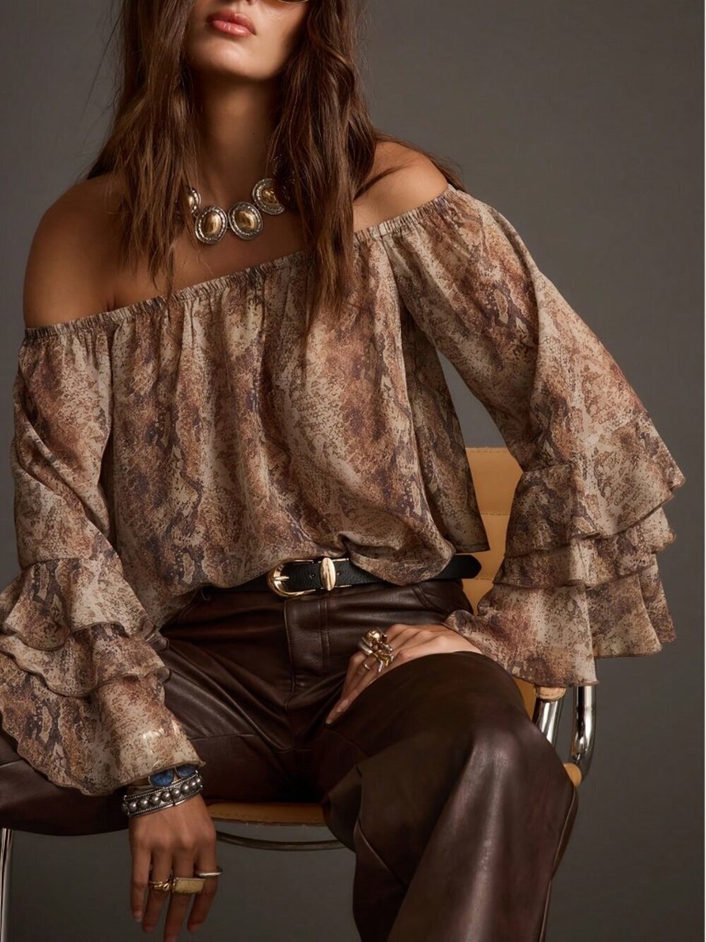 Khaki Boho Women's Cold Shoulder Blouse